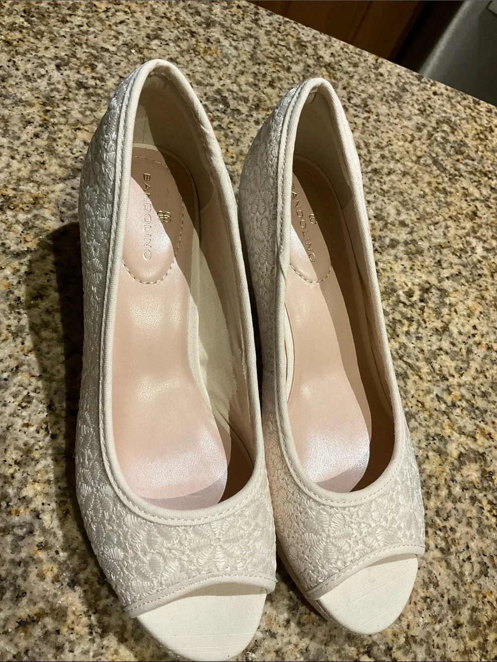 Bandolino Cream Embroidered Peep-Toe Espadrille Wedge